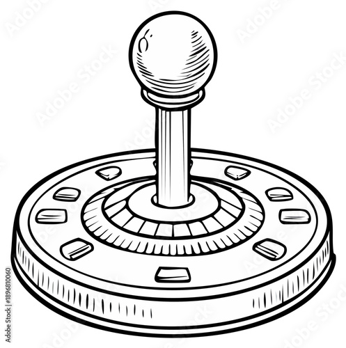 Classic arcade machine joystick in a detailed black and white line drawing