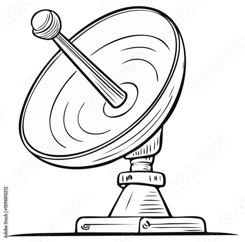Cartoon satellite dish antenna transmitting data communication waves in black outline