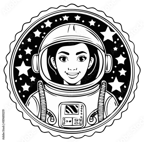Smiling Woman Astronaut in Space Helmet Surrounded by Stars Line Art