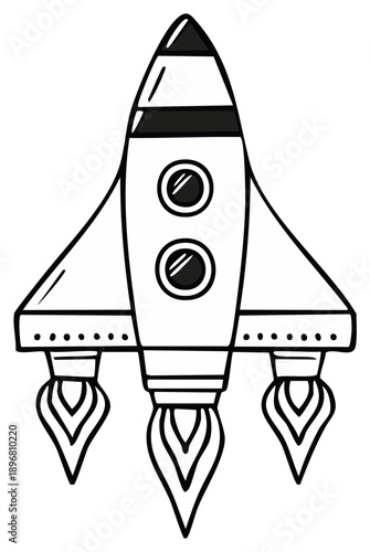 Cartoon rocket preparing for takeoff simple line art illustration with fiery engines