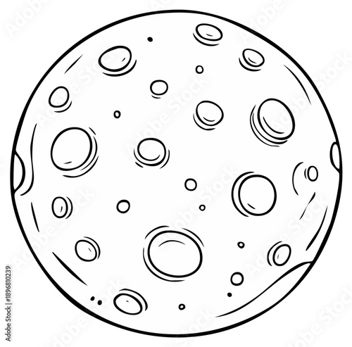 Line art moon illustration featuring craters with varied sizes and outlines in a full circle design for space exploration