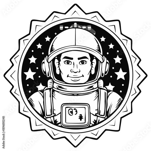 Astronaut in a round emblem, black and white space illustration