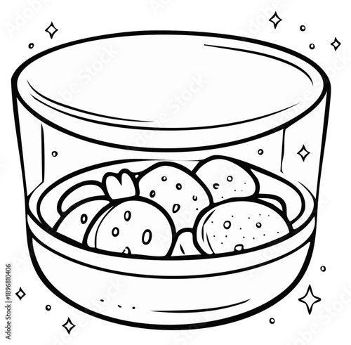 Outline illustration of a sparkling bowl brimming with fresh round food items, simple clean line art