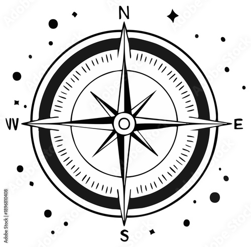 Artistic Compass Rose with Nautical Star Points and Cosmic Dots Representing Navigation and Exploration
