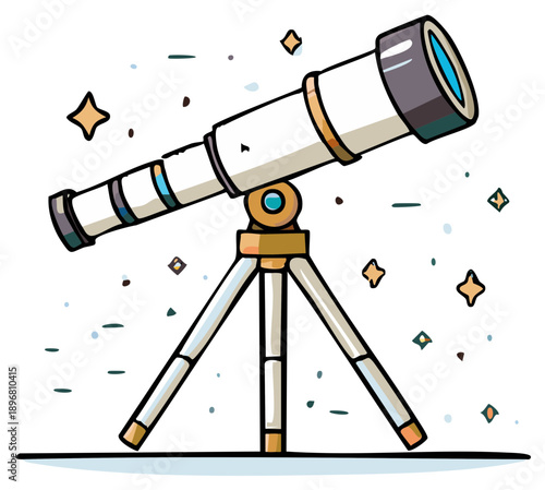 Cartoon telescope on tripod observing stars for astronomy, space exploration, and scientific discovery illustration
