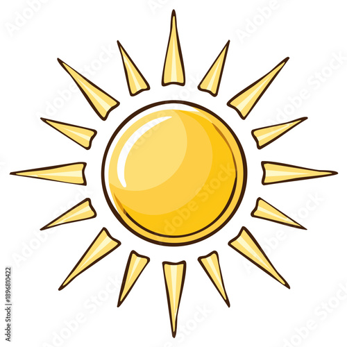 Stylized yellow sun shines with light rays emanating outward in a simple design, cartoon illustration, bright day