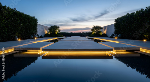 Modern outdoor walkway with integrated lighting and reflective water features at twilight.