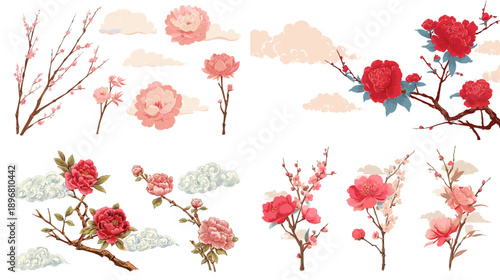 Watercolor red peony and cherry blossom branches with soft clouds in oriental style, ideal for Asian spring festival designs and elegant floral backgrounds.