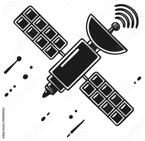 Stylized orbital satellite with solar panels and signal waves
