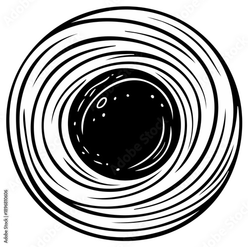 Abstract swirling vortex of black and white lines with speckled interior