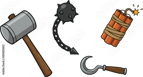 Cartoon medieval weapons illustration set, hammer mace flail dynamite hook tools, fantasy game combat items collection