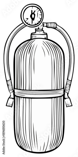 Vintage scuba tank with pressure gauge and hoses in a retro line drawing style