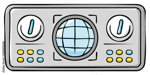 Cute Radar System with World Globe Screen and Dials Control Panel Cartoon Style