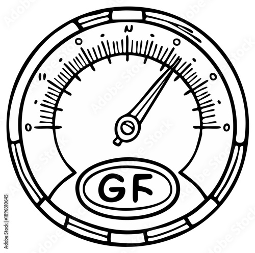 Hand Drawn Gauge Pointing North With Gf Designation, Line Art Meter Instrument