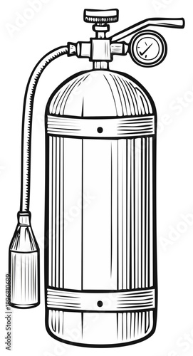 Vintage fire extinguisher or sprayer tank line art illustration with pressure gauge