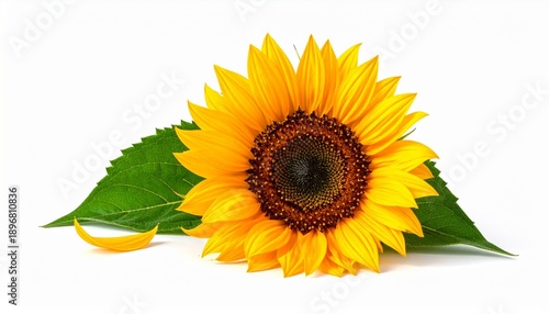 Wallpaper Mural Single sunflower with bright yellow petals and dark brown central disk, accompanied by three green leaves, plain white background. Torontodigital.ca