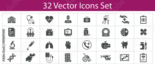 Medical and Healthcare Icon Set featuring Hospital Doctor Stethoscope Heart Microscope and Pharmacy symbols for Clinical services and Medicine