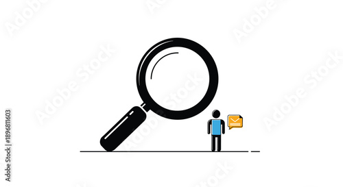 Conceptual illustration of a magnifying glass searching for messages or emails with a small person and a notification icon nearby.