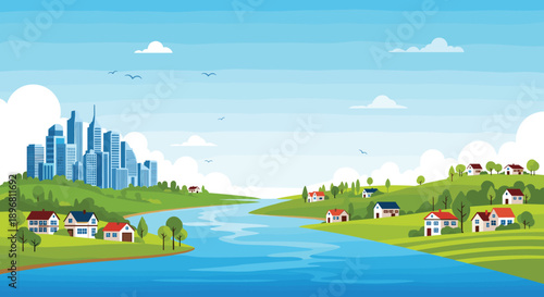 Beautiful landscape featuring a modern city and a peaceful rural village separated by a winding blue river under a sunny sky.