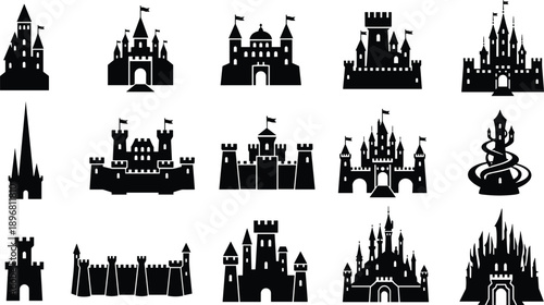 Fantasy medieval castle silhouettes illustration set, fairytale fortress towers kingdom buildings, black royal architecture scene collection