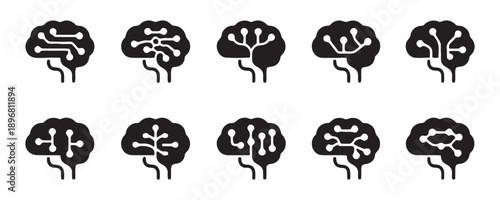 Artificial intelligence and neural network icons, abstract brain circuit design, representing technology and cognitive processes, vector illustrations.