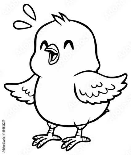 Funny black and white cartoon chicken laughing out loud with water drops floating above its head on white background