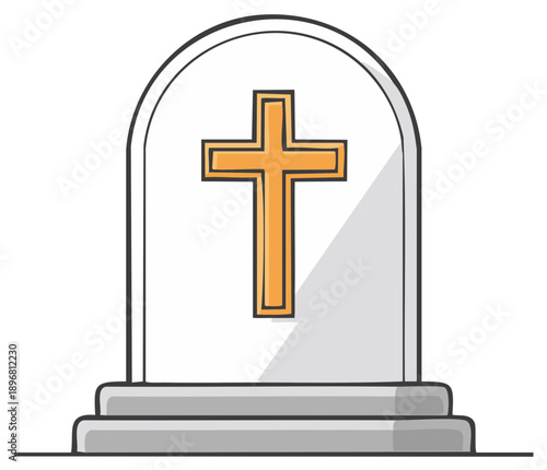 Cartoon grave marker with gold cross, stylized burial stone design, religious symbol memorial