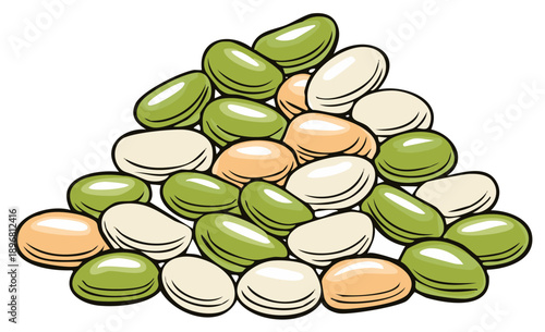 Pile of Assorted Color Beans: Green, Tan, and White Beans