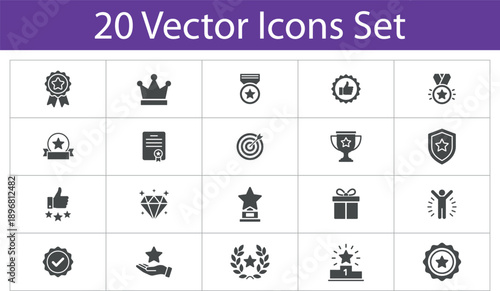 Awards and Achievement Vector Icon Set featuring Trophy Medals Stars Crown and Quality Badges for Winner Recognition and Success