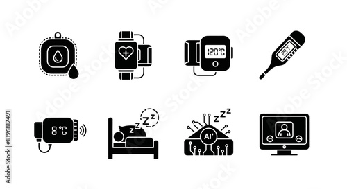 Wearable health device icon set including smartwatch and fitness tracker symbols. Black solid icons representing health monitoring, fitness tracking, and smart wearable technology.
