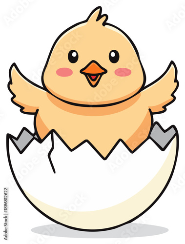Cute cartoon baby chick hatching from a cracked eggshell with a happy smile