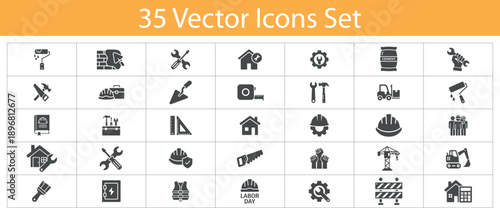 Construction and Industrial Tool Vector Icon Set featuring Hammer Wrench Crane Hard Hat and Repair symbols for Labor Day and Engineering projects