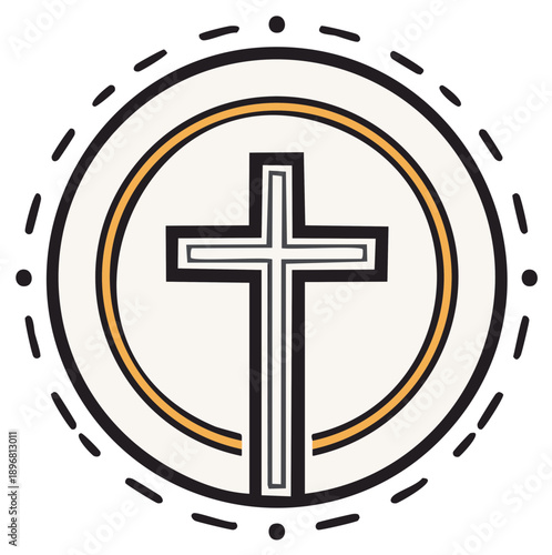 Christian cross inside a circle with decorative dashed line border and inner ring, symbolizing faith and religion