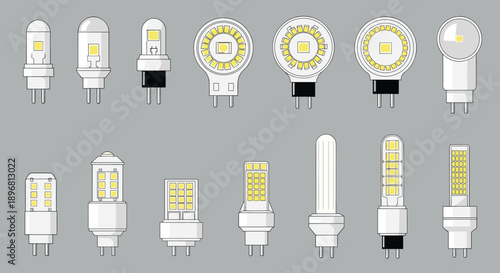 Comprehensive set of different modern LED light bulb designs with various shapes and bases for household and industrial lighting.