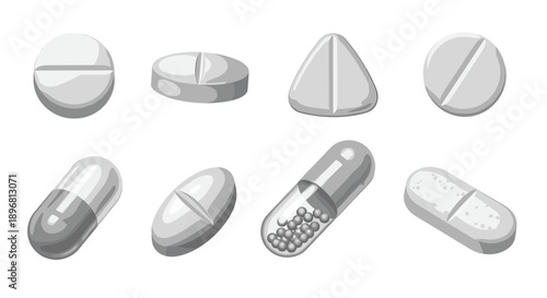 Realistic set of medical pills and capsules in different shapes and colors for healthcare, pharmacy, and medicine concept.