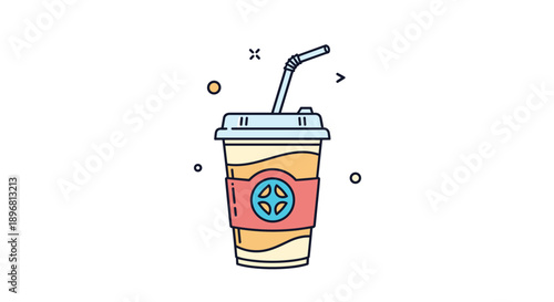 Stylized icon of a disposable coffee cup with a sleeve, lid, and straw decorated with simple geometric background elements.