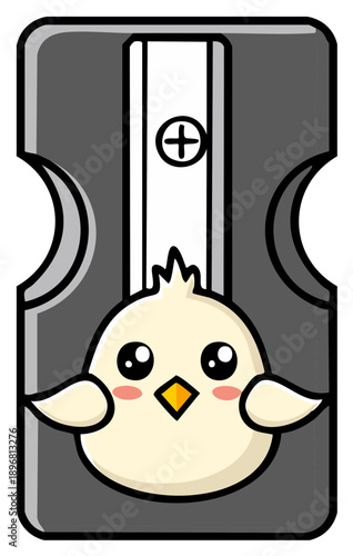 Cute Chicken Cartoon in Pencil Sharpener: Whimsical Bird Stationery Illustration