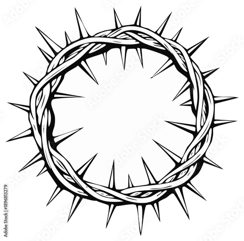 Symbolic Crown of Thorns woven from branches with sharp spikes in black and white illustration