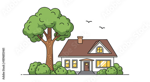Charming illustration of a white suburban house with a brown roof situated next to a tall green leafy tree and small bushes.