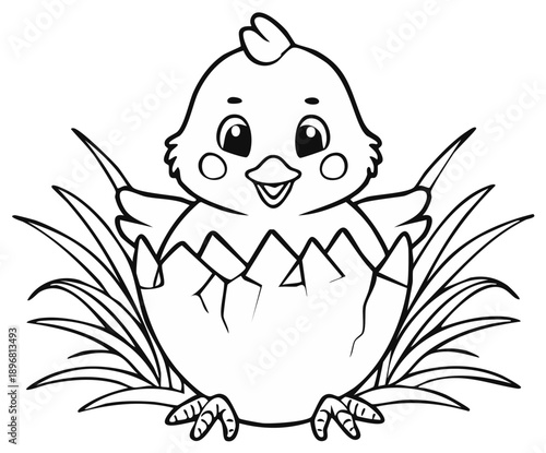 Cartoon chicken hatching from broken egg in grass illustration line art for coloring book or educational materials