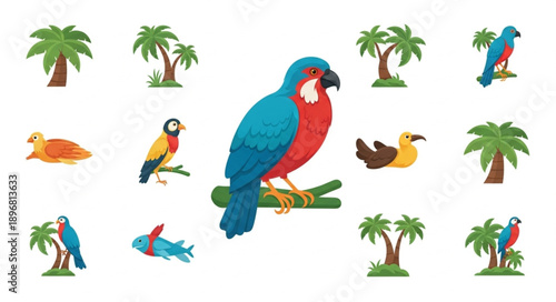 Collection of colorful tropical birds and palm trees.