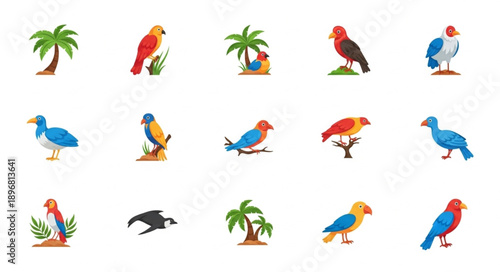 Collection of colorful tropical birds and palm trees.