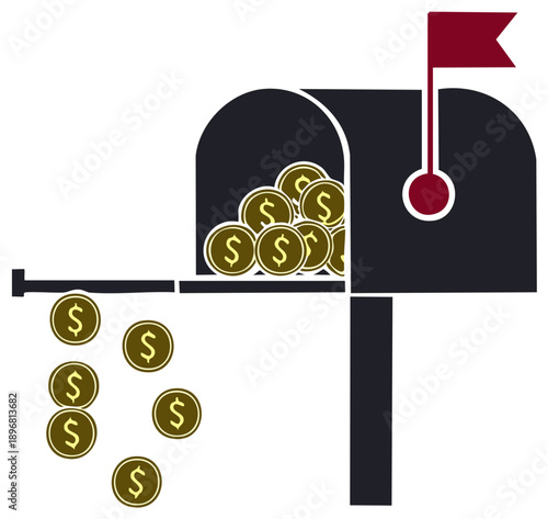 Money overflowing from mailbox with coins falling out, symbolizing financial gain