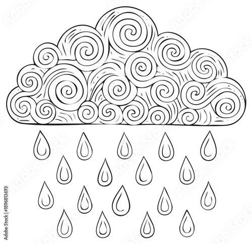 Stylized cloud raining water droplets in monochrome artwork with outlined texture