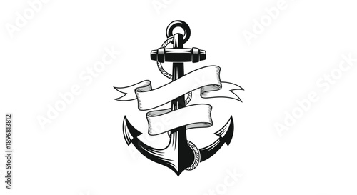 Hand-drawn vintage style nautical anchor wrapped with a blank ribbon for custom text in black and white ink style.