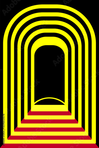Vector illustration of an ancient stone arch tunnel with light, showing a long historic corridor entrance inside a classic European building