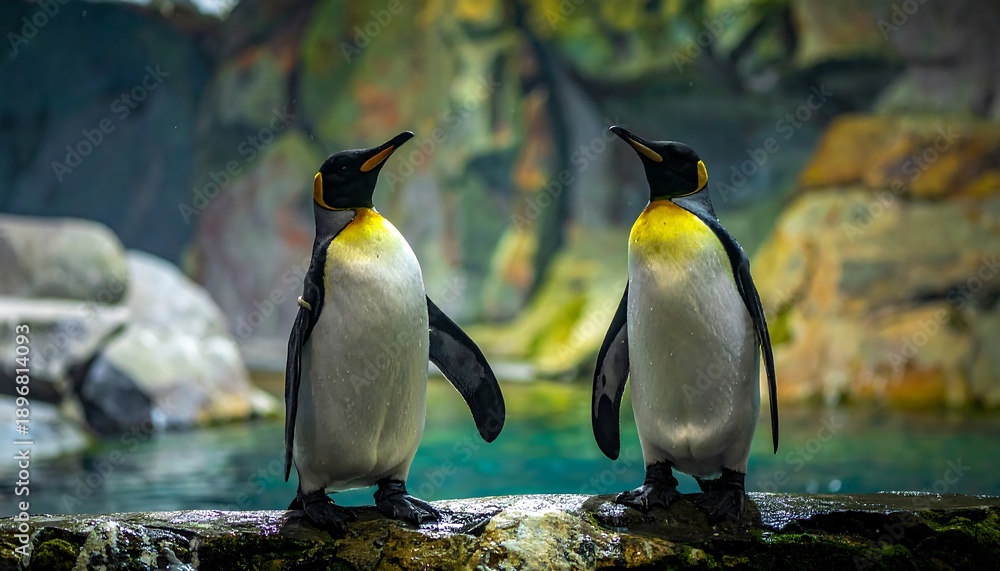 Fototapeta premium Two regal penguins stand on a textured rock near a shimmering, turquoise pool. Background rocky formations, greenery