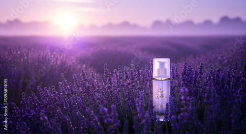 A tranquil scene captures a cosmetic product bottle nestled within a blooming lavender field at a beautiful sunset, evoking a serene Provence style