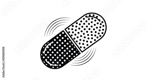 Black and white line art illustration of a medical capsule or pill featuring a dotted pattern to represent medicine or a supplement.