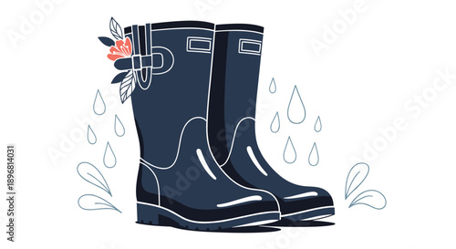 Pair of dark blue rubber rain boots decorated with a flower and surrounded by splashing water droplets on a white background.